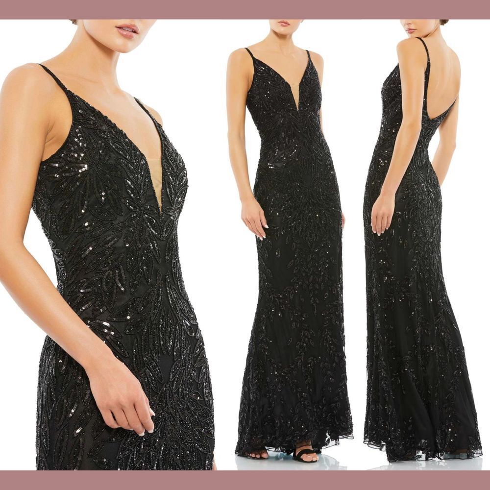 NWT $498 Mac Duggal [‎ 0 ] Embellished Leaf Evening Gown in Black #G1768